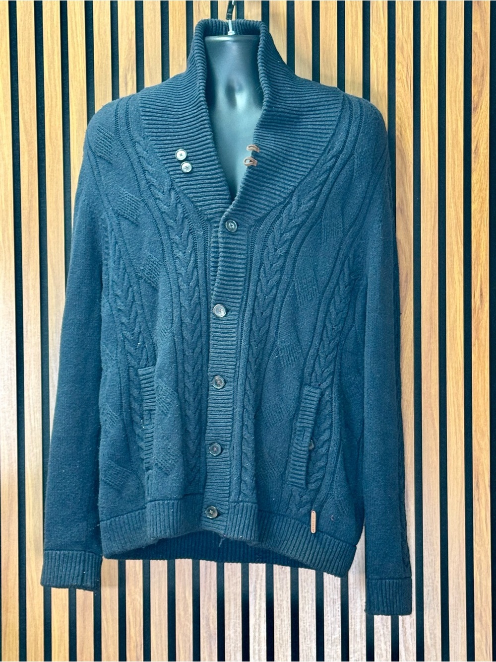 Ted Baker London Men’s Cable Knit Shawl Collar Cardigan Navy Blue Size 6 XXL